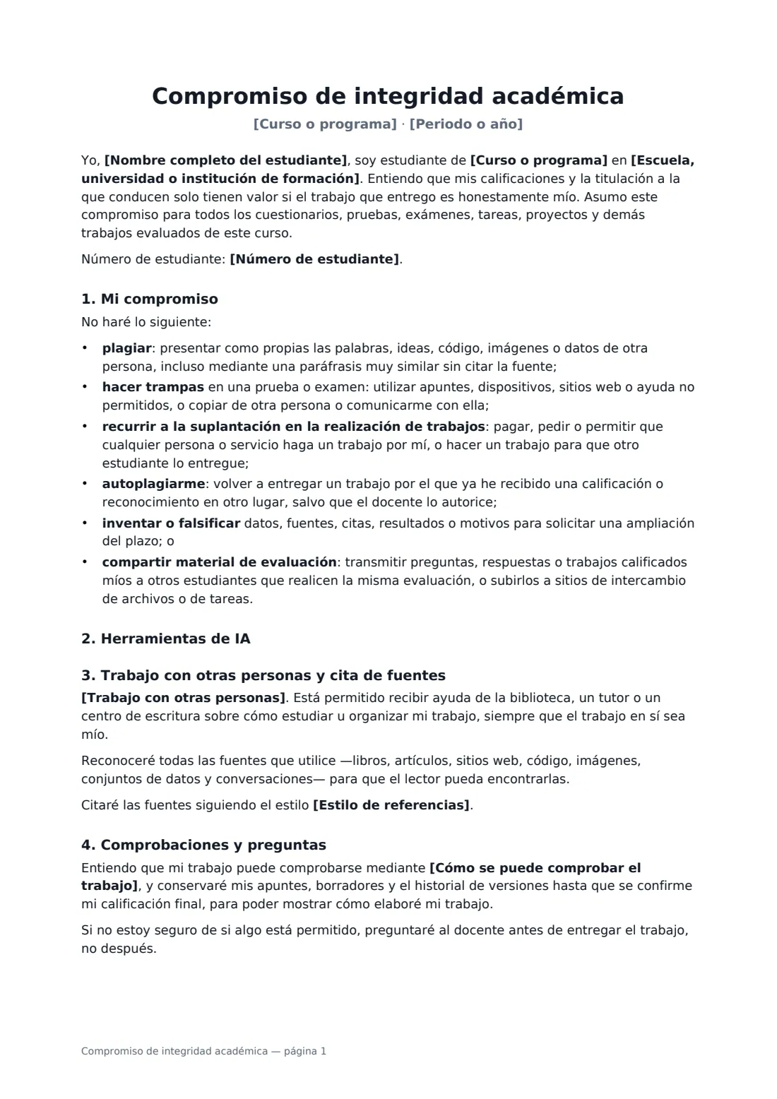 Compromiso de integridad académica: página 1 de 2