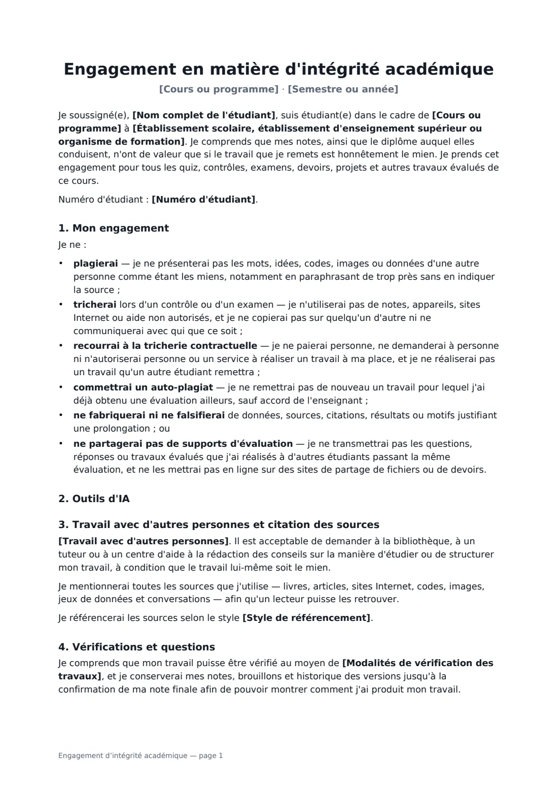 Engagement d’intégrité académique — page 1 sur 2
