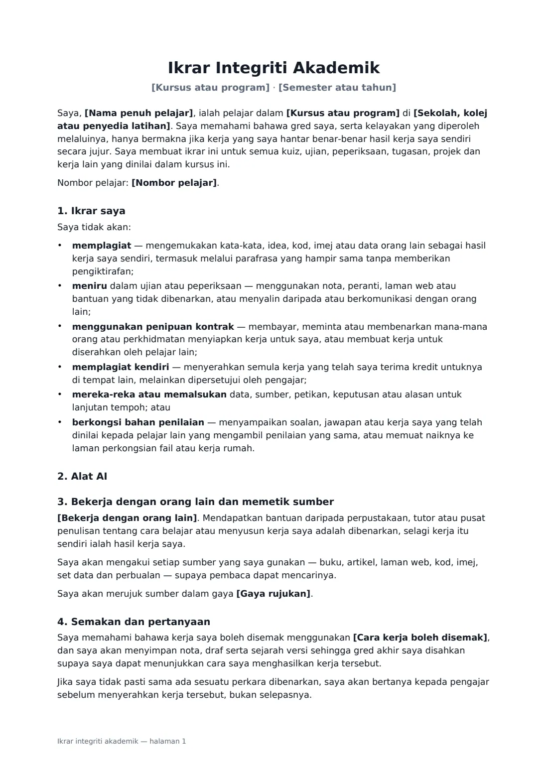 Ikrar integriti akademik — halaman 1 daripada 2