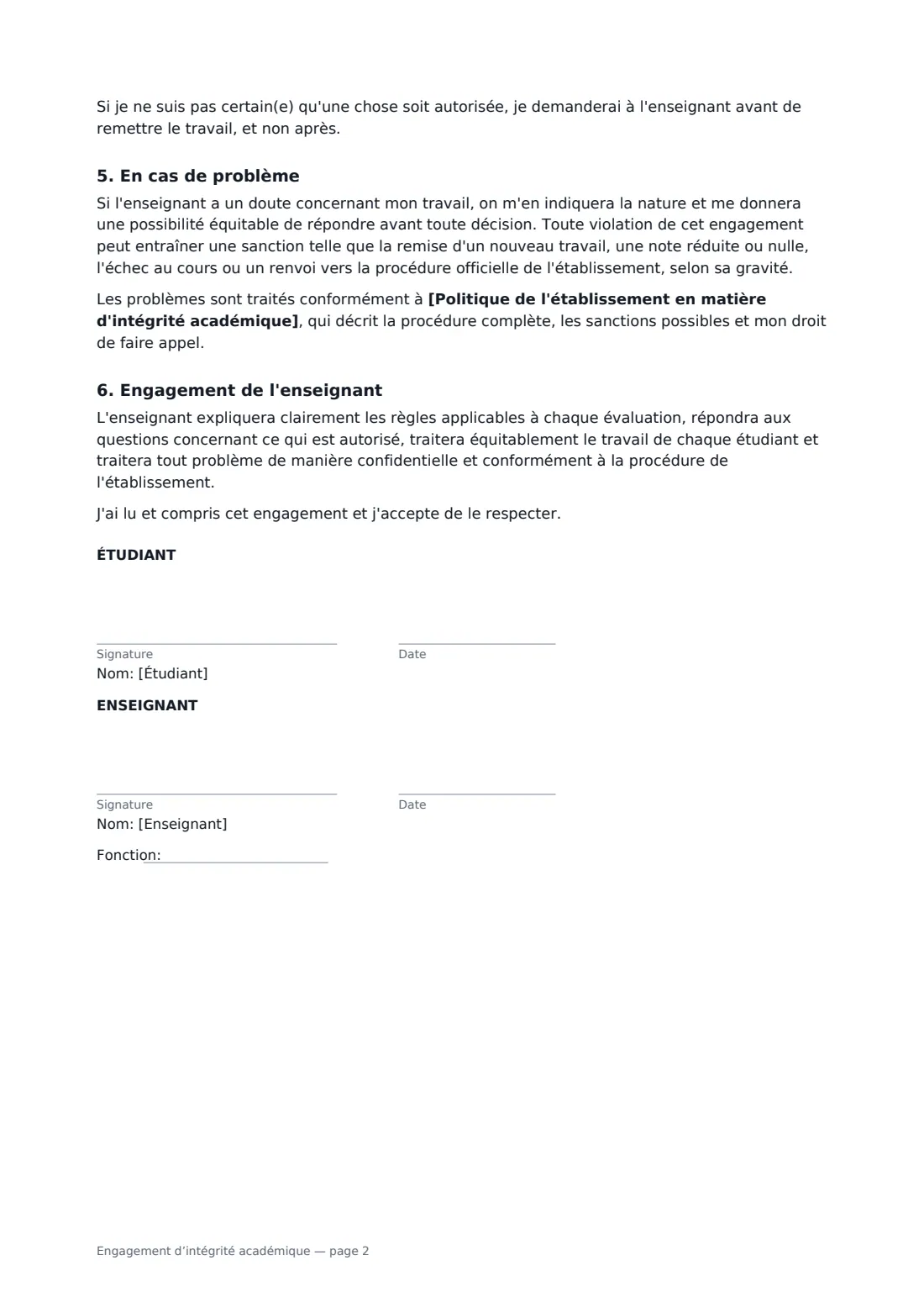 Engagement d’intégrité académique — page 2 sur 2