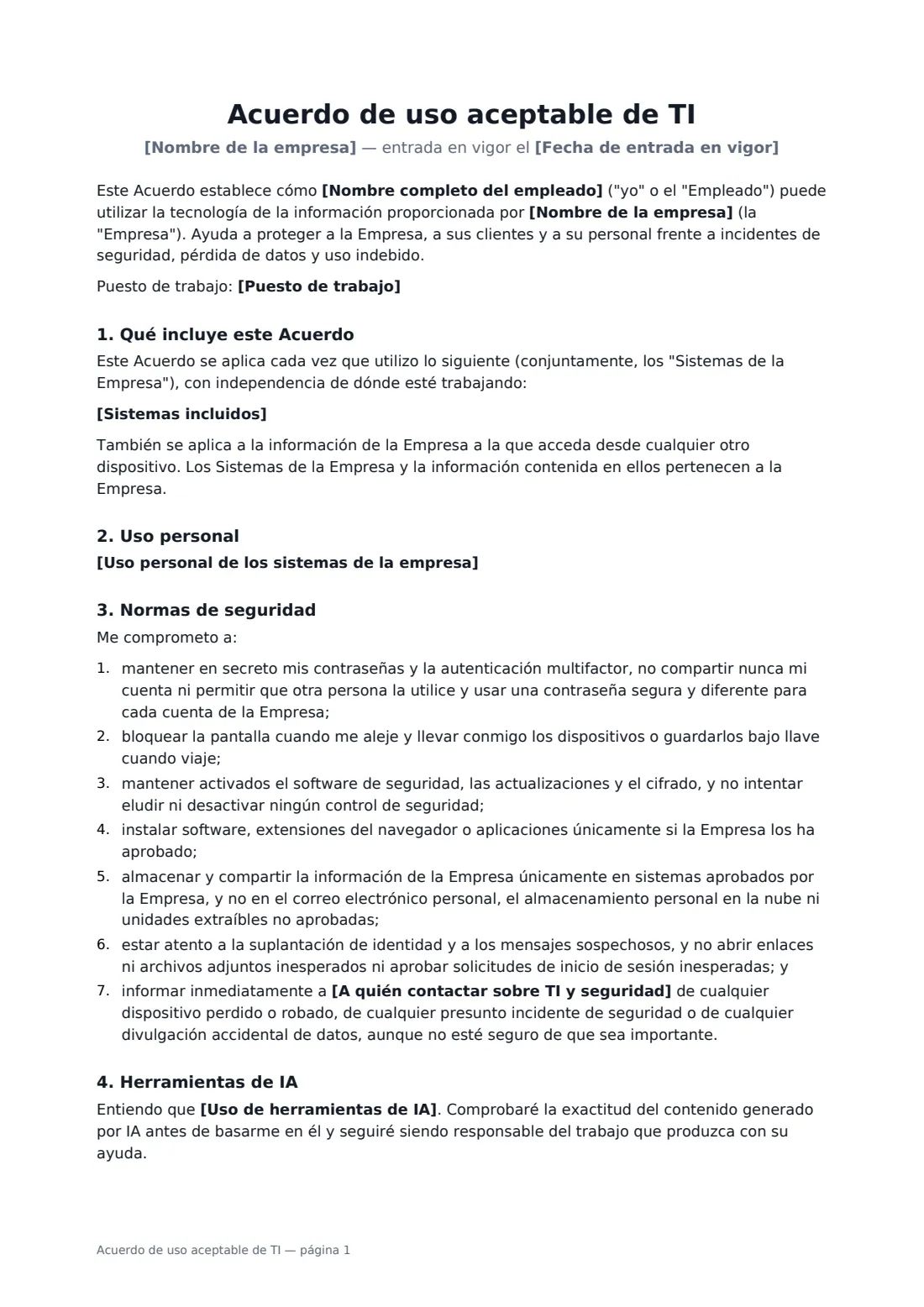 Acuerdo de uso aceptable de TI: página 1 de 3