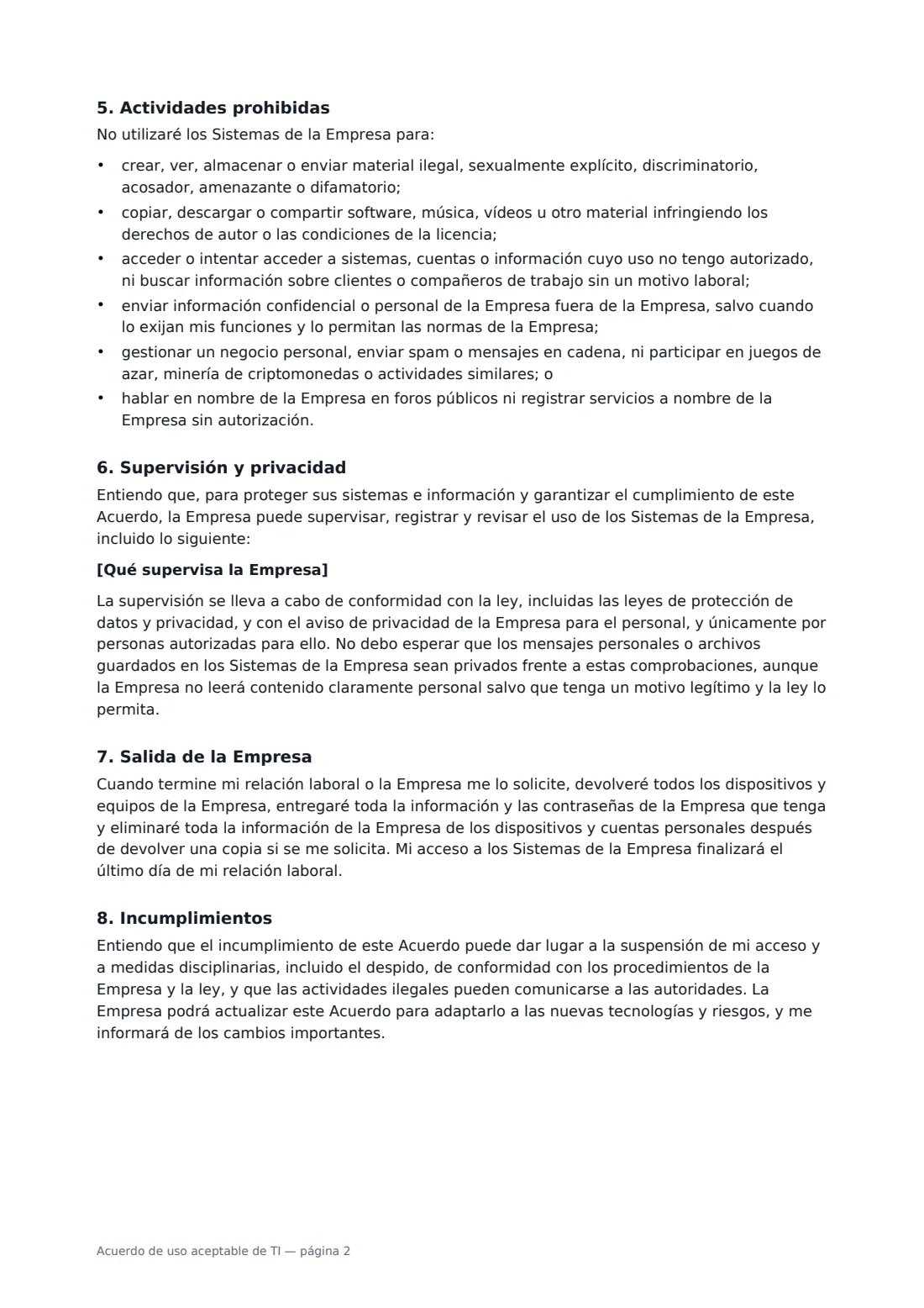 Acuerdo de uso aceptable de TI: página 2 de 3