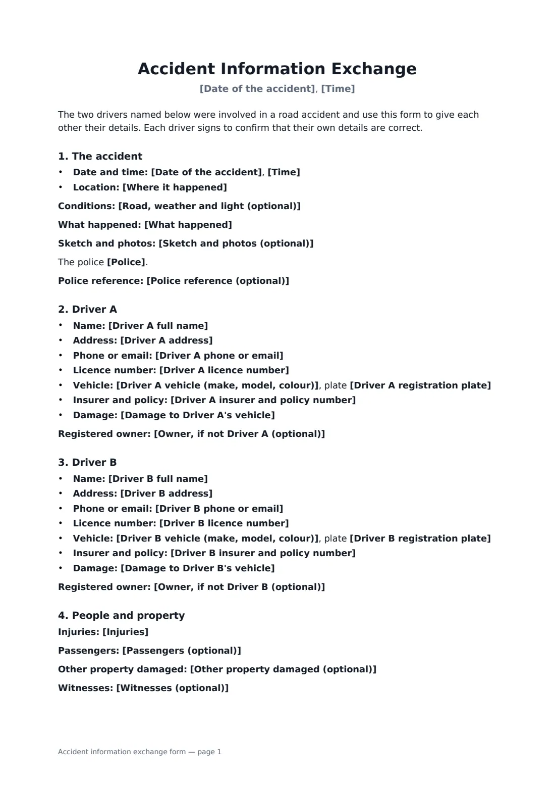 Accident information exchange form — page 1 of 2