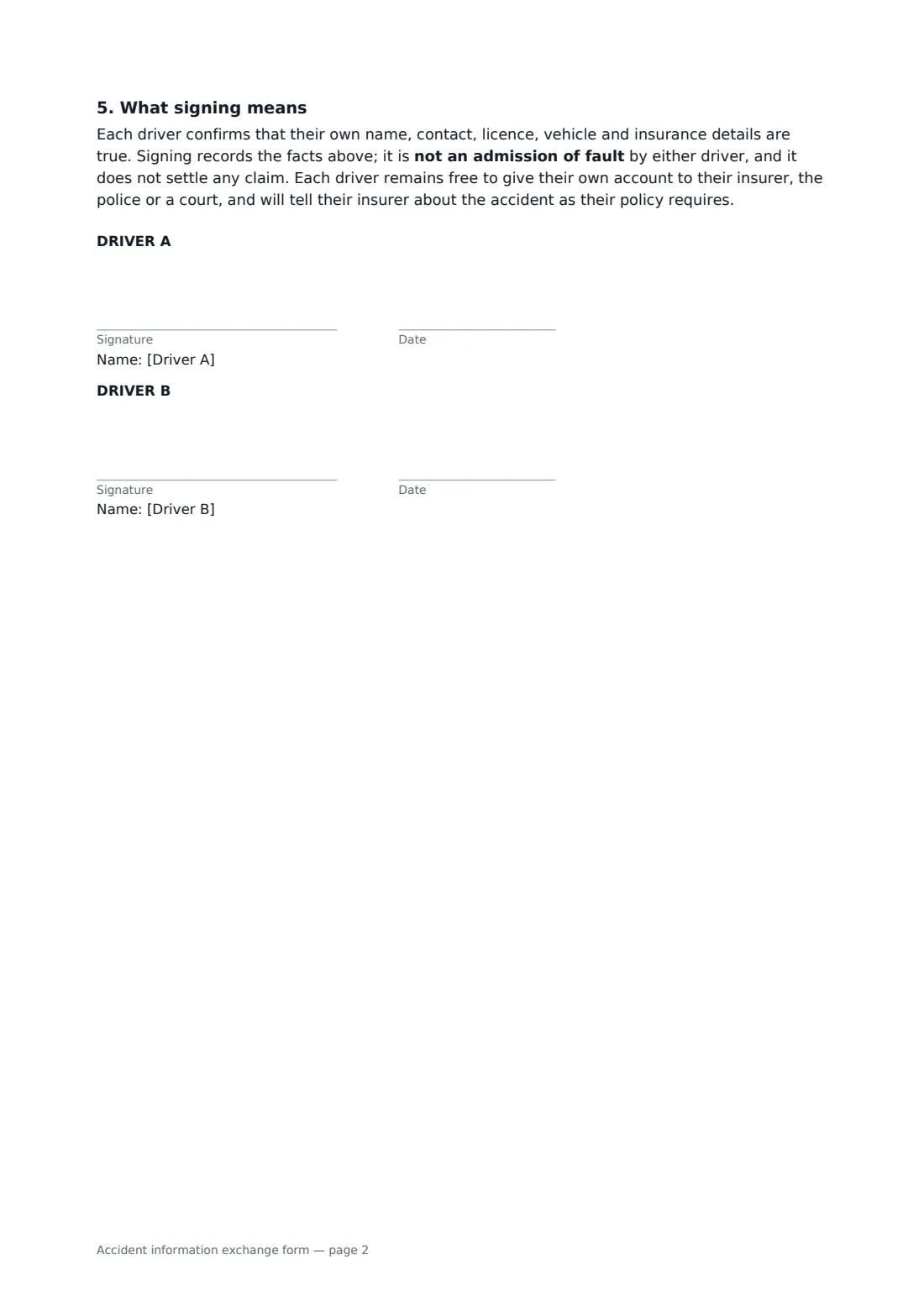 Accident information exchange form — page 2 of 2