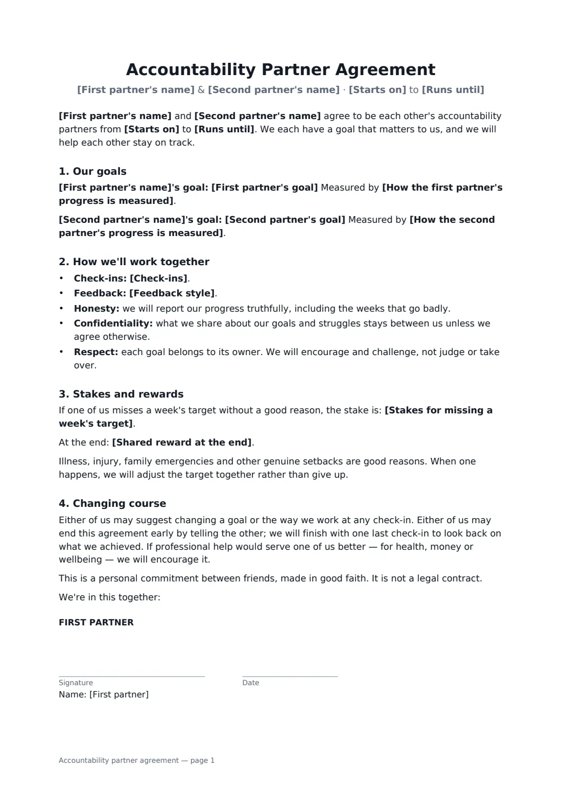 Accountability partner agreement — page 1 of 2