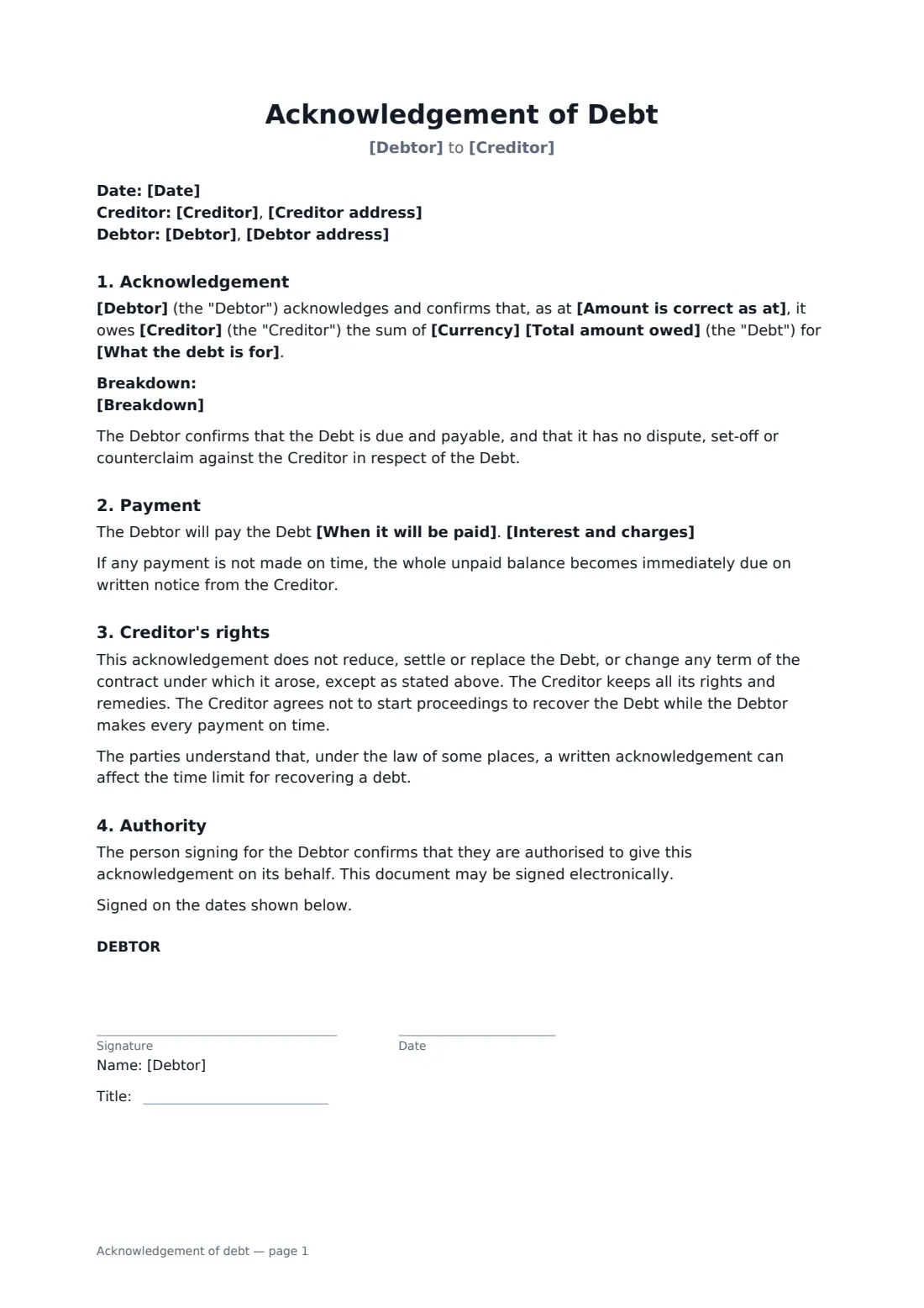 Acknowledgement of debt — page 1 of 2