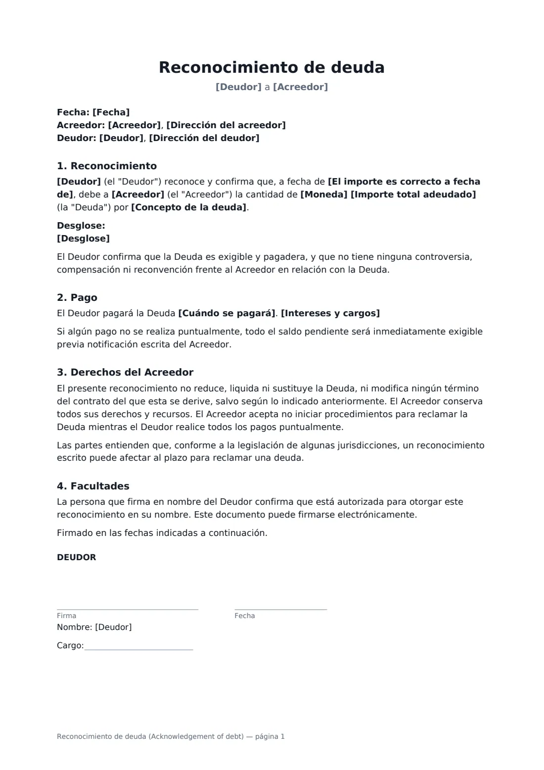 Reconocimiento de deuda (Acknowledgement of debt): página 1 de 2