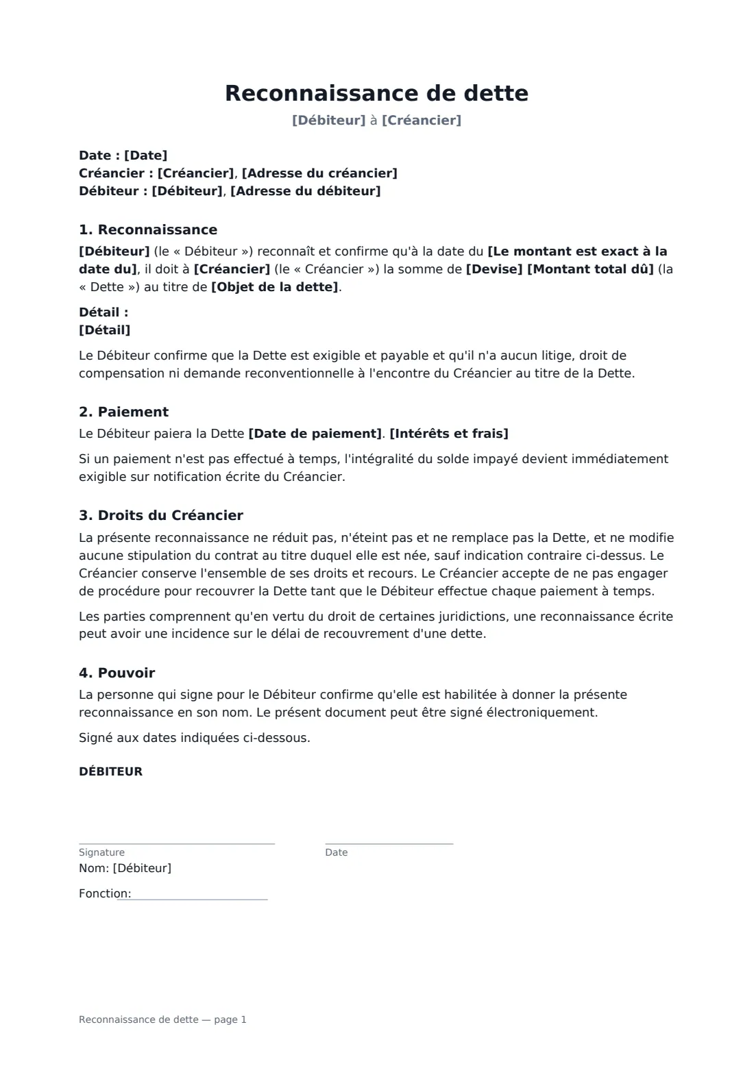 Reconnaissance de dette — page 1 sur 2
