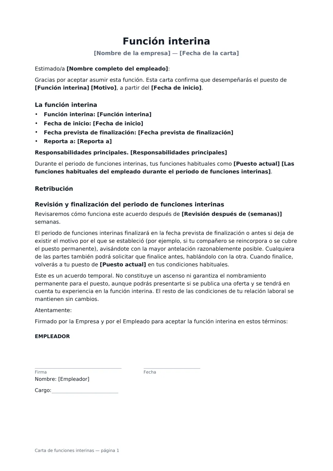 Carta de funciones interinas: página 1 de 2