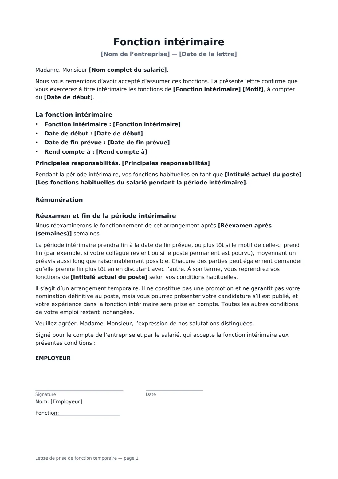 Lettre de prise de fonction temporaire — page 1 sur 2