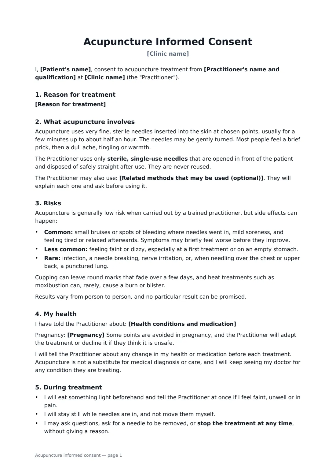 Acupuncture informed consent — page 1 of 2
