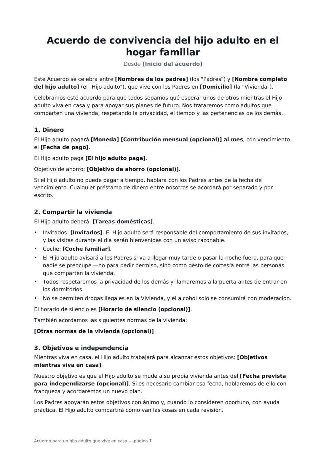 Acuerdo para un hijo adulto que vive en casa: página 1 de 2