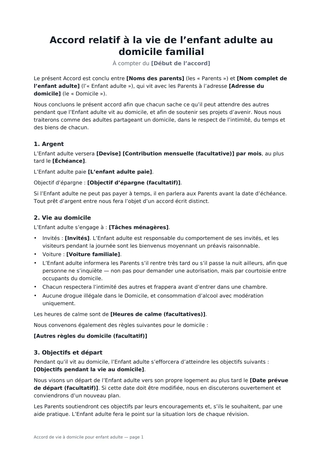 Accord de vie à domicile pour enfant adulte — page 1 sur 2