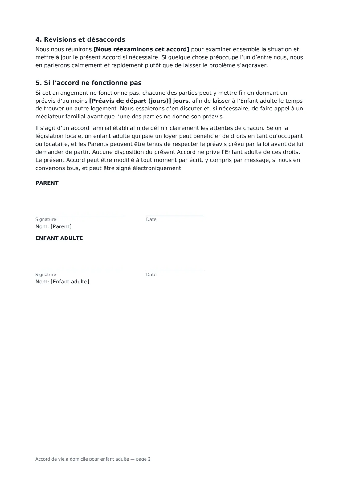 Accord de vie à domicile pour enfant adulte — page 2 sur 2