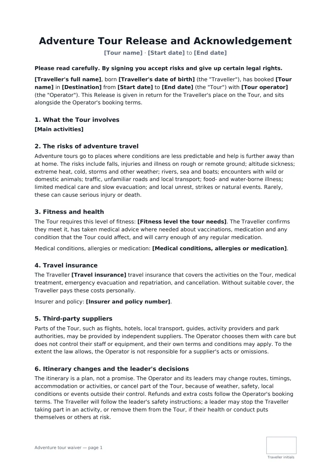 Adventure tour waiver — page 1 of 2