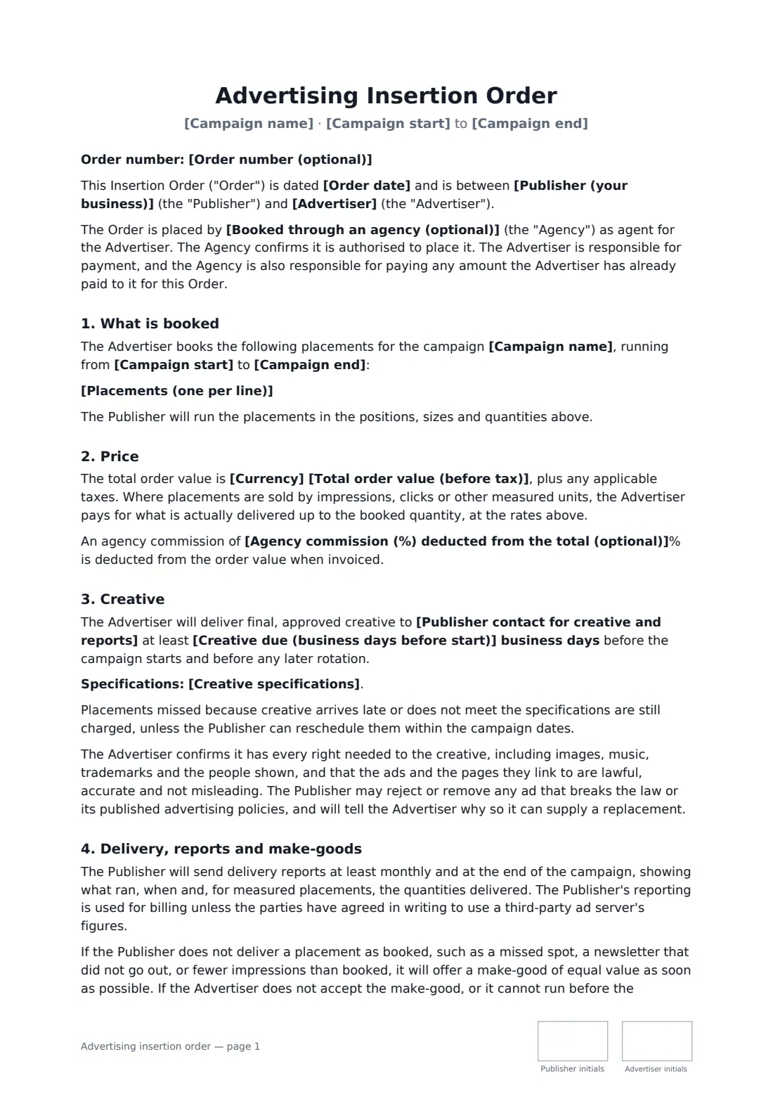 Advertising insertion order — page 1 of 2