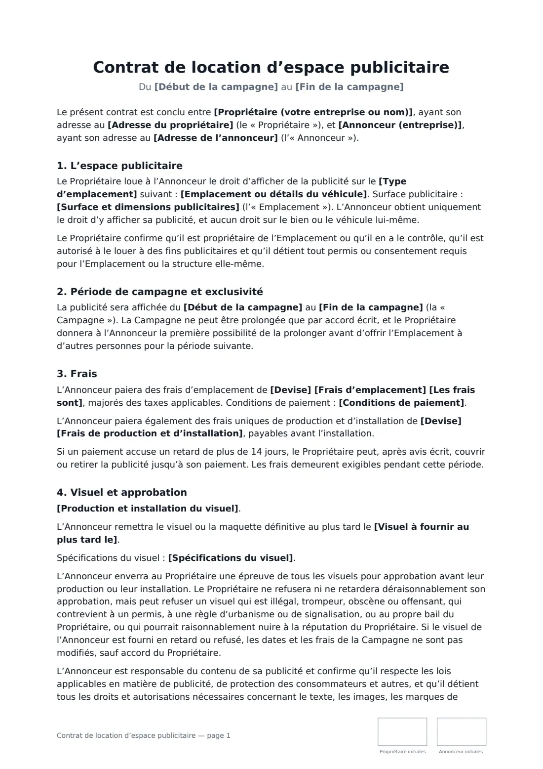 Contrat de location d’espace publicitaire — page 1 sur 3