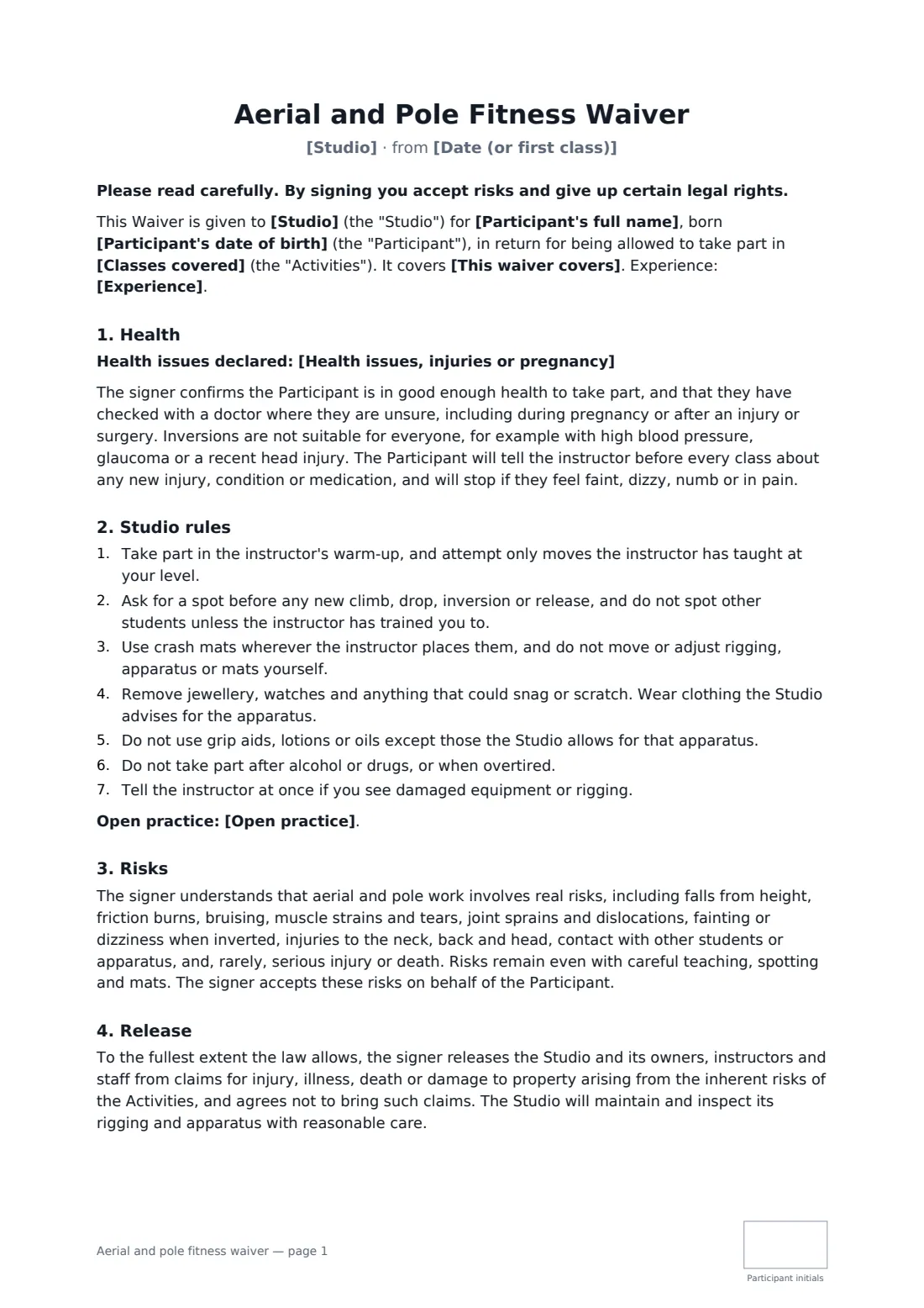 Aerial and pole fitness waiver — page 1 of 2