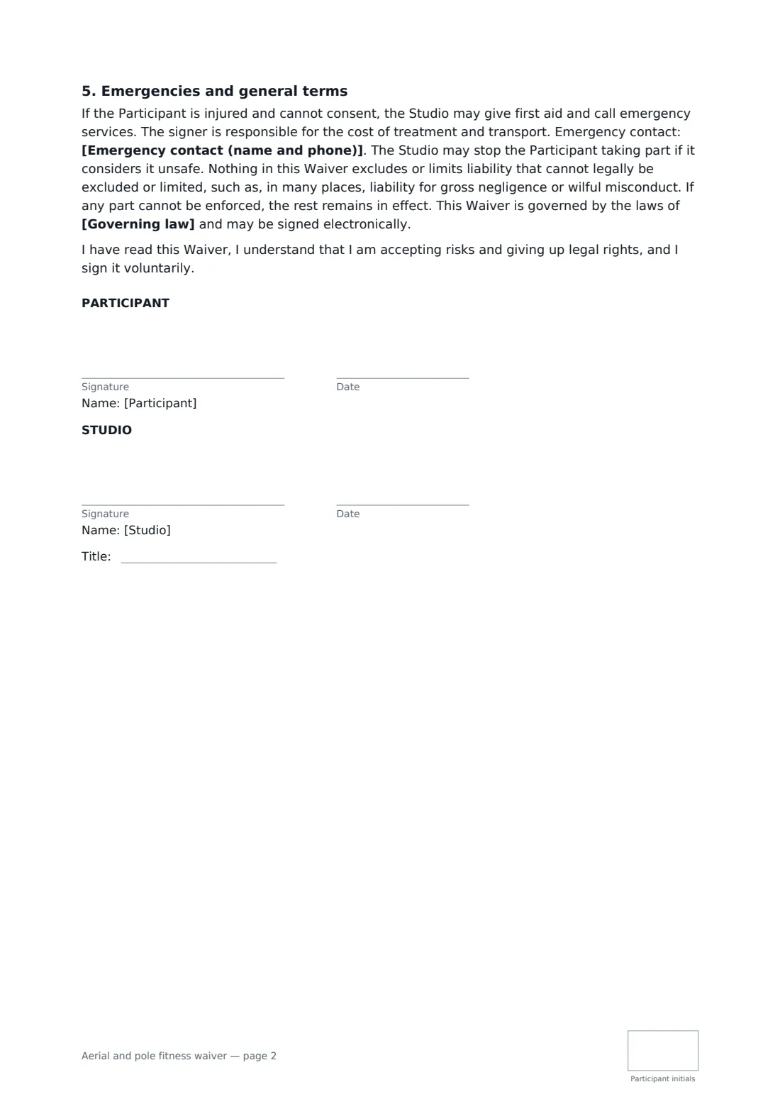 Aerial and pole fitness waiver — page 2 of 2