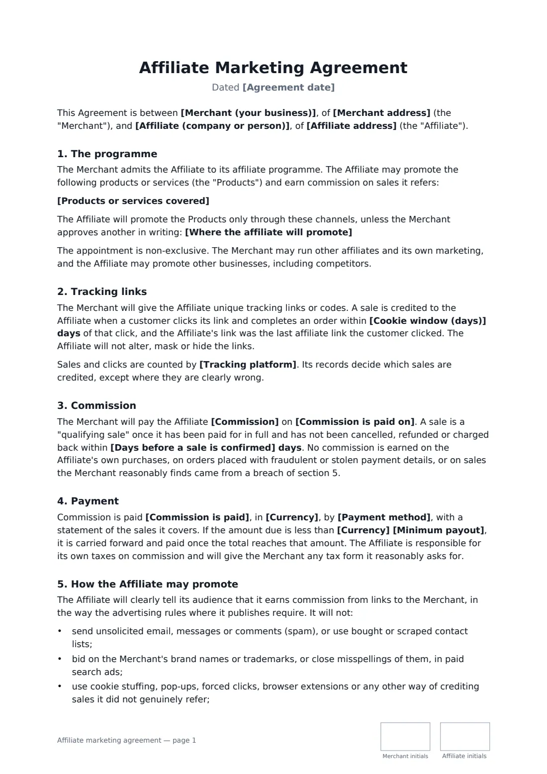 Affiliate marketing agreement — page 1 of 3