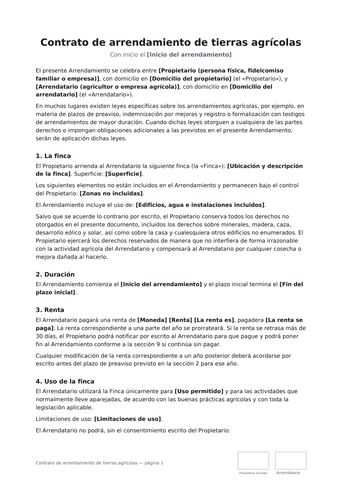 Contrato de arrendamiento de tierras agrícolas: página 1 de 3