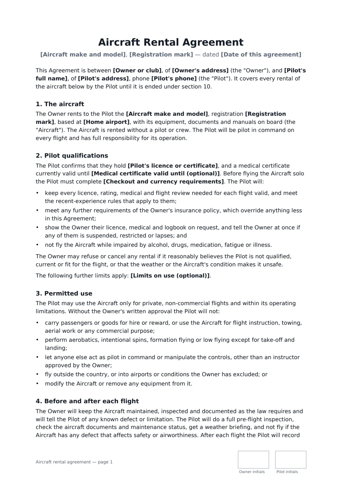 Aircraft rental agreement — page 1 of 3