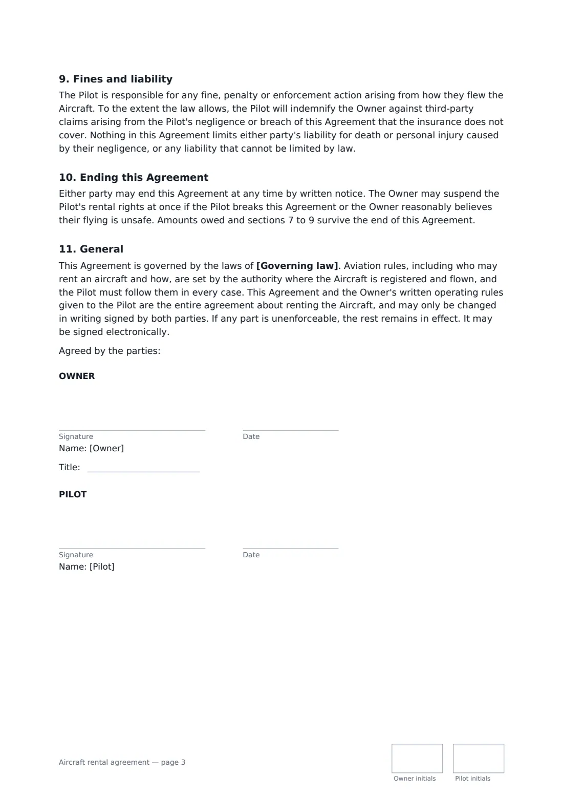 Aircraft rental agreement — page 3 of 3