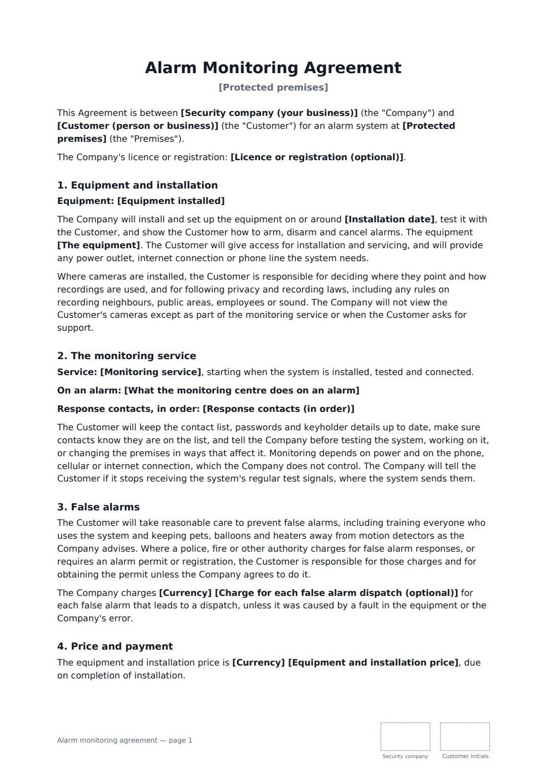 Alarm monitoring agreement — page 1 of 3