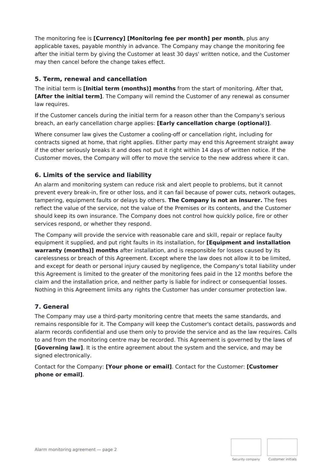 Alarm monitoring agreement — page 2 of 3