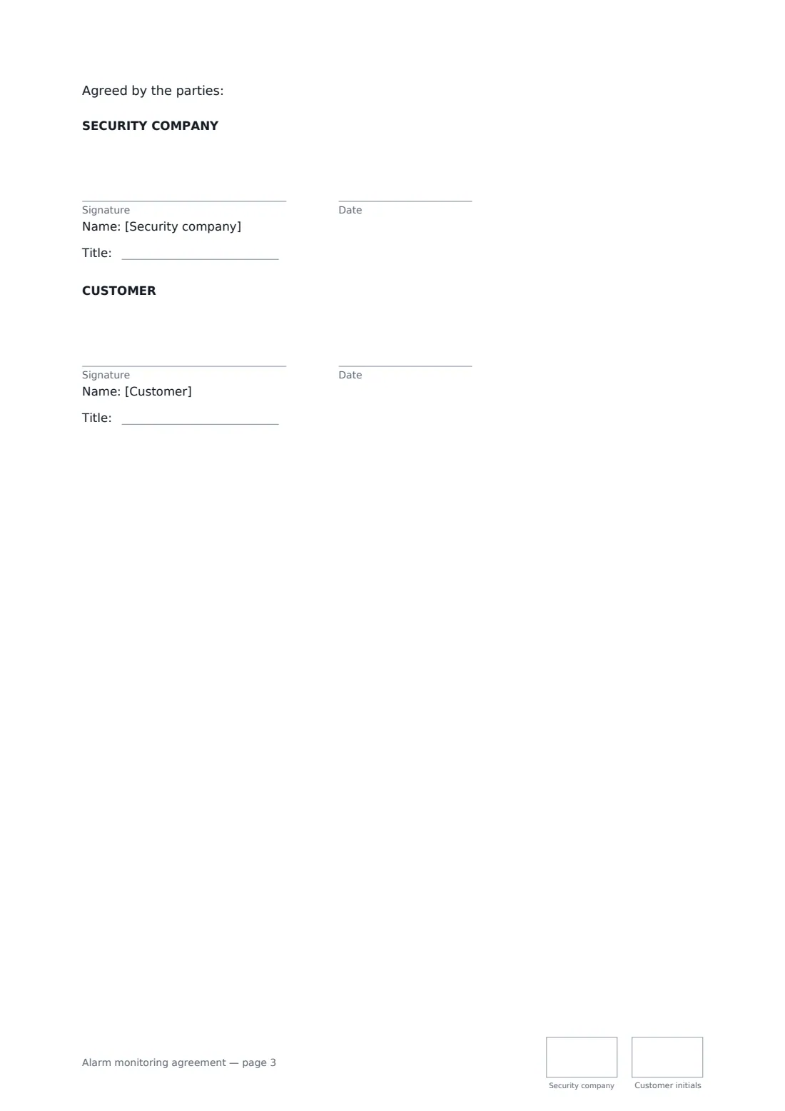 Alarm monitoring agreement — page 3 of 3