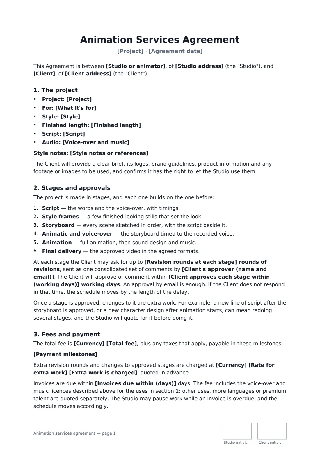 Animation services agreement — page 1 of 3