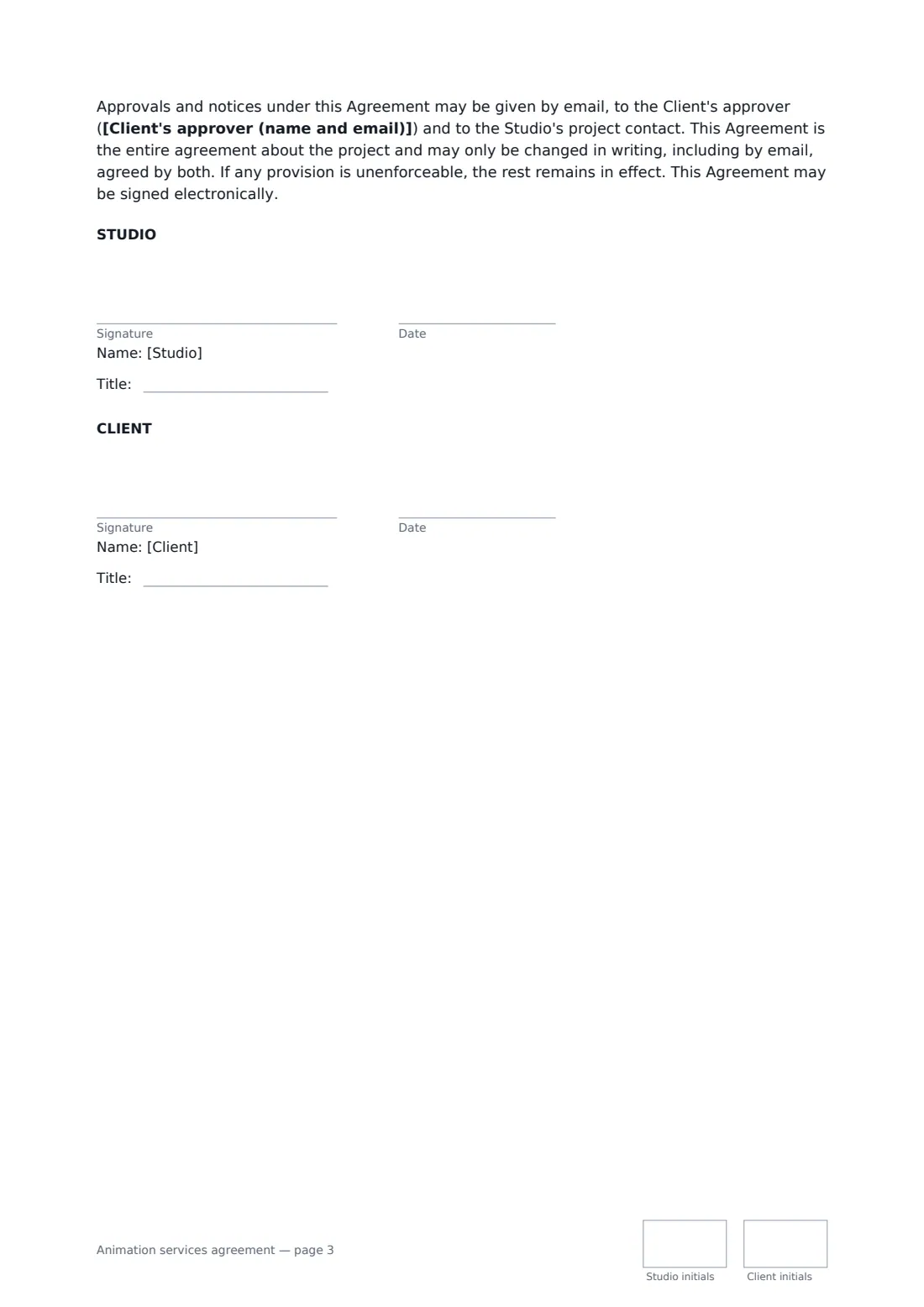 Animation services agreement — page 3 of 3