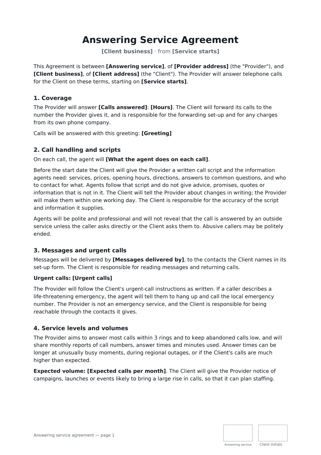 Answering service agreement — page 1 of 3