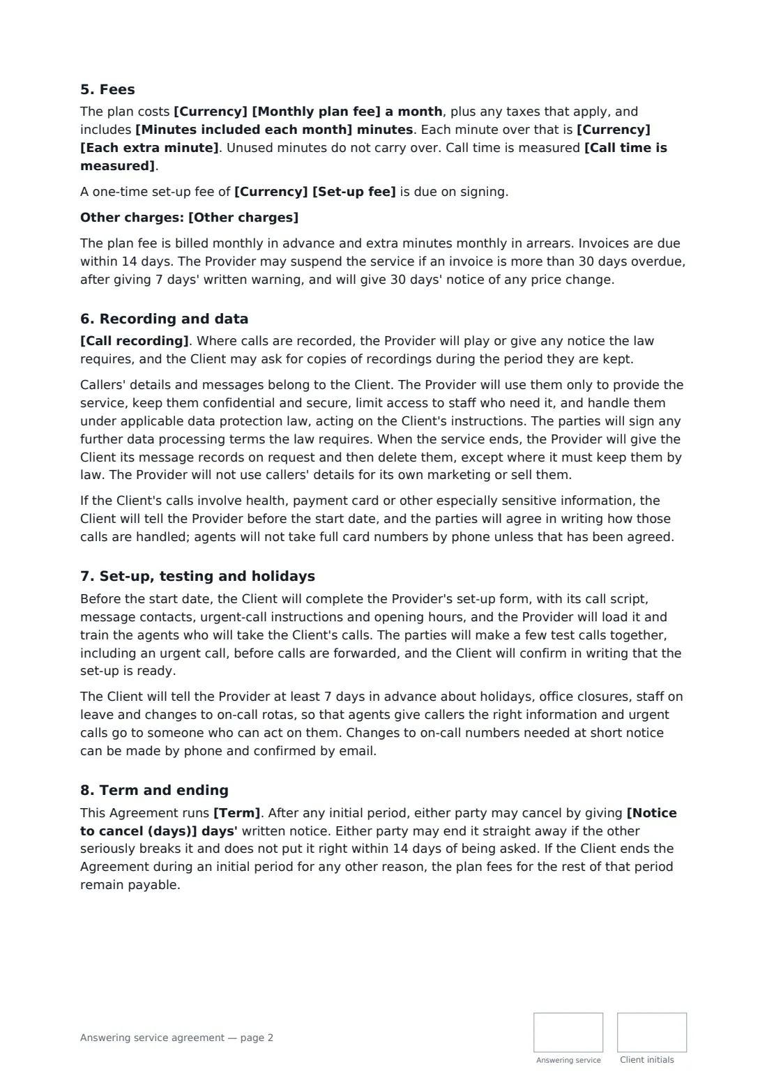 Answering service agreement — page 2 of 3