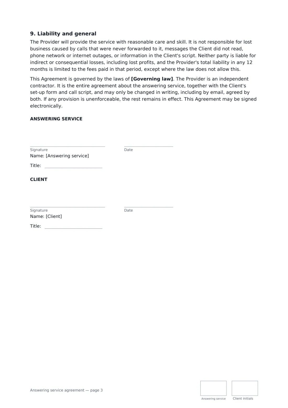Answering service agreement — page 3 of 3