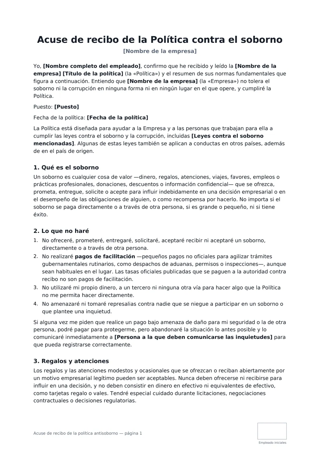 Acuse de recibo de la política antisoborno: página 1 de 3