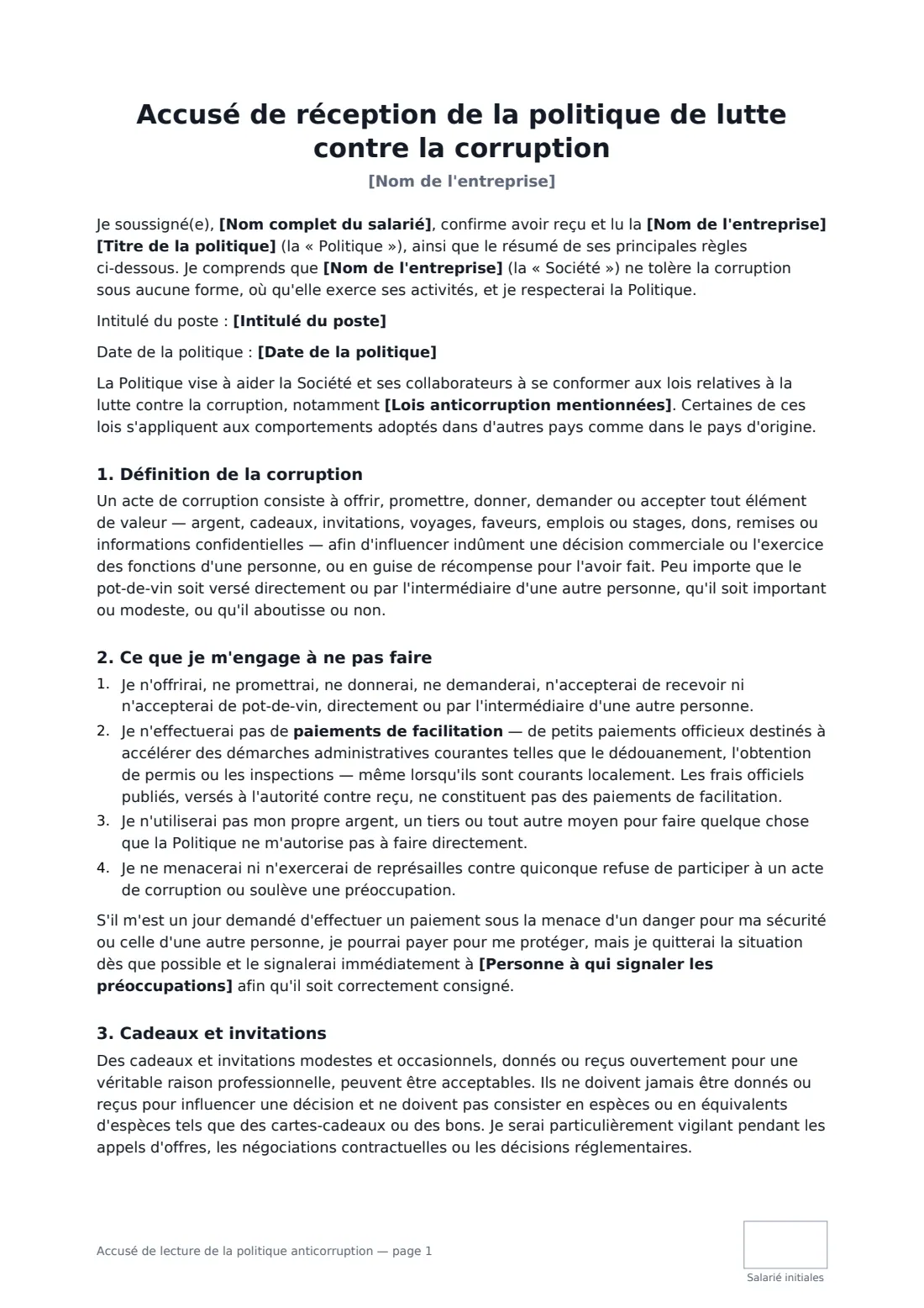 Accusé de lecture de la politique anticorruption — page 1 sur 3