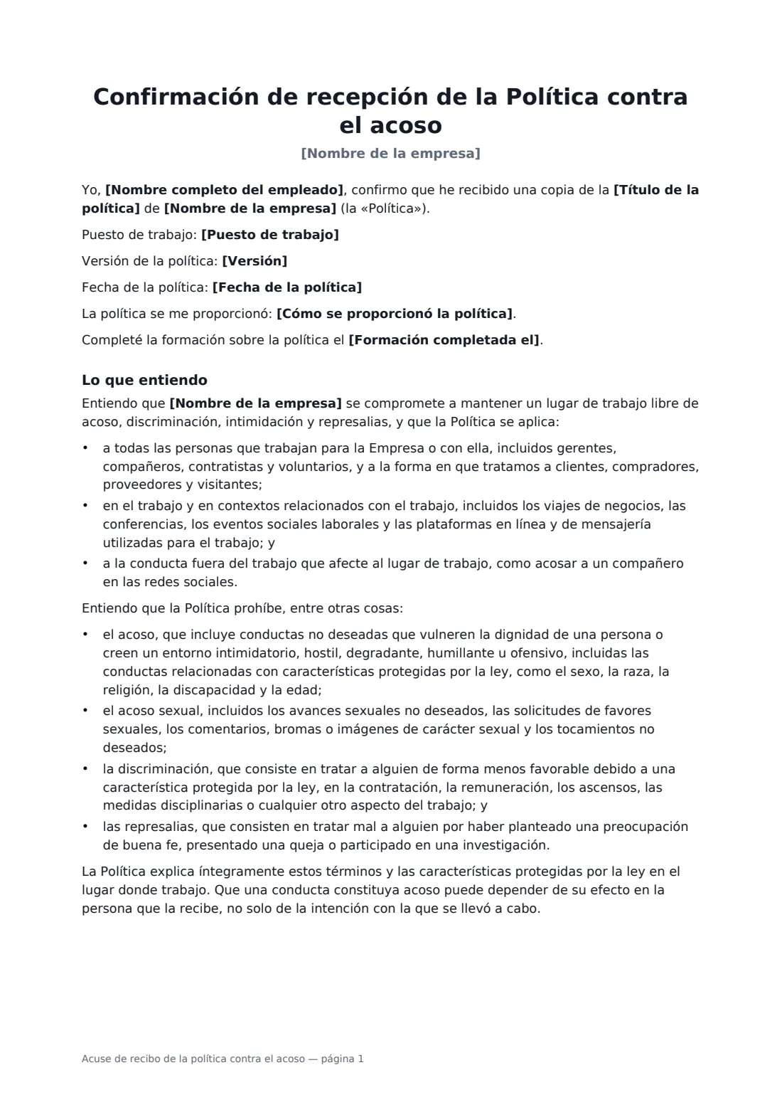Acuse de recibo de la política contra el acoso: página 1 de 3