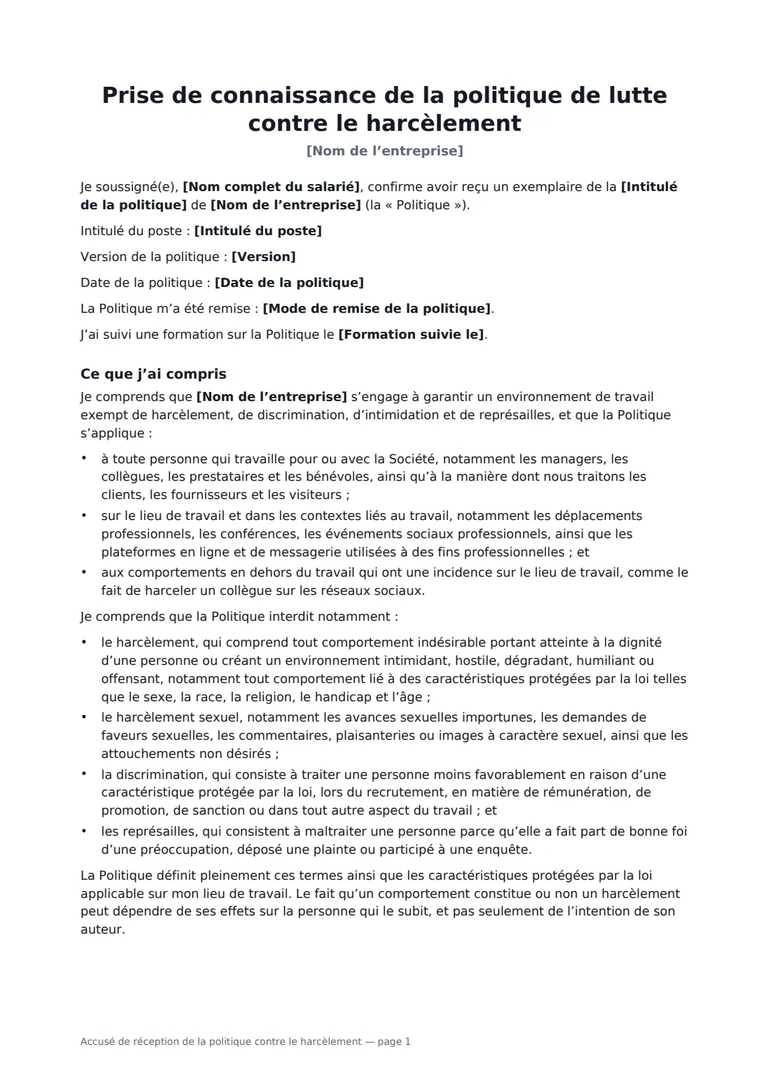 Accusé de réception de la politique contre le harcèlement — page 1 sur 3