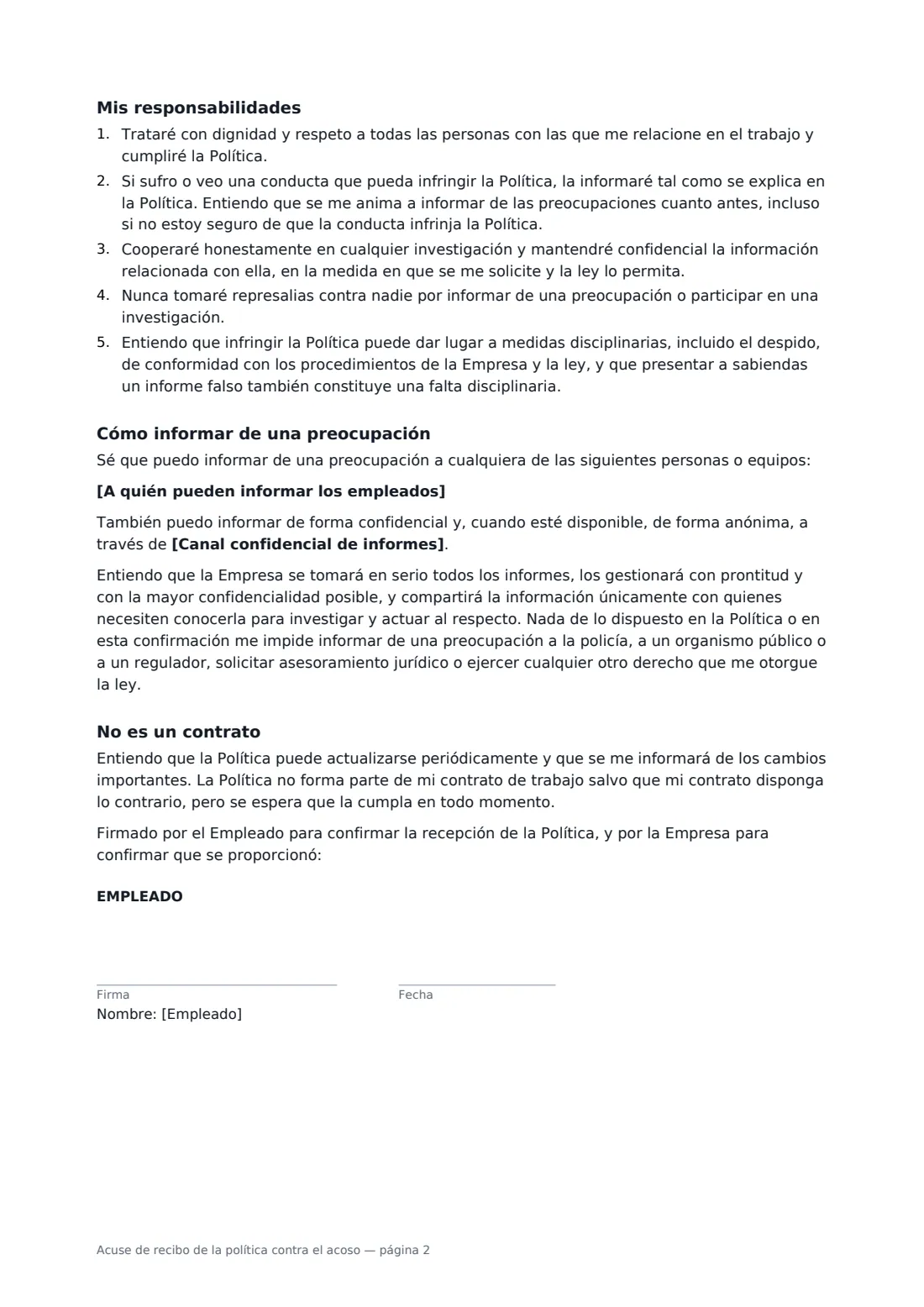 Acuse de recibo de la política contra el acoso: página 2 de 3