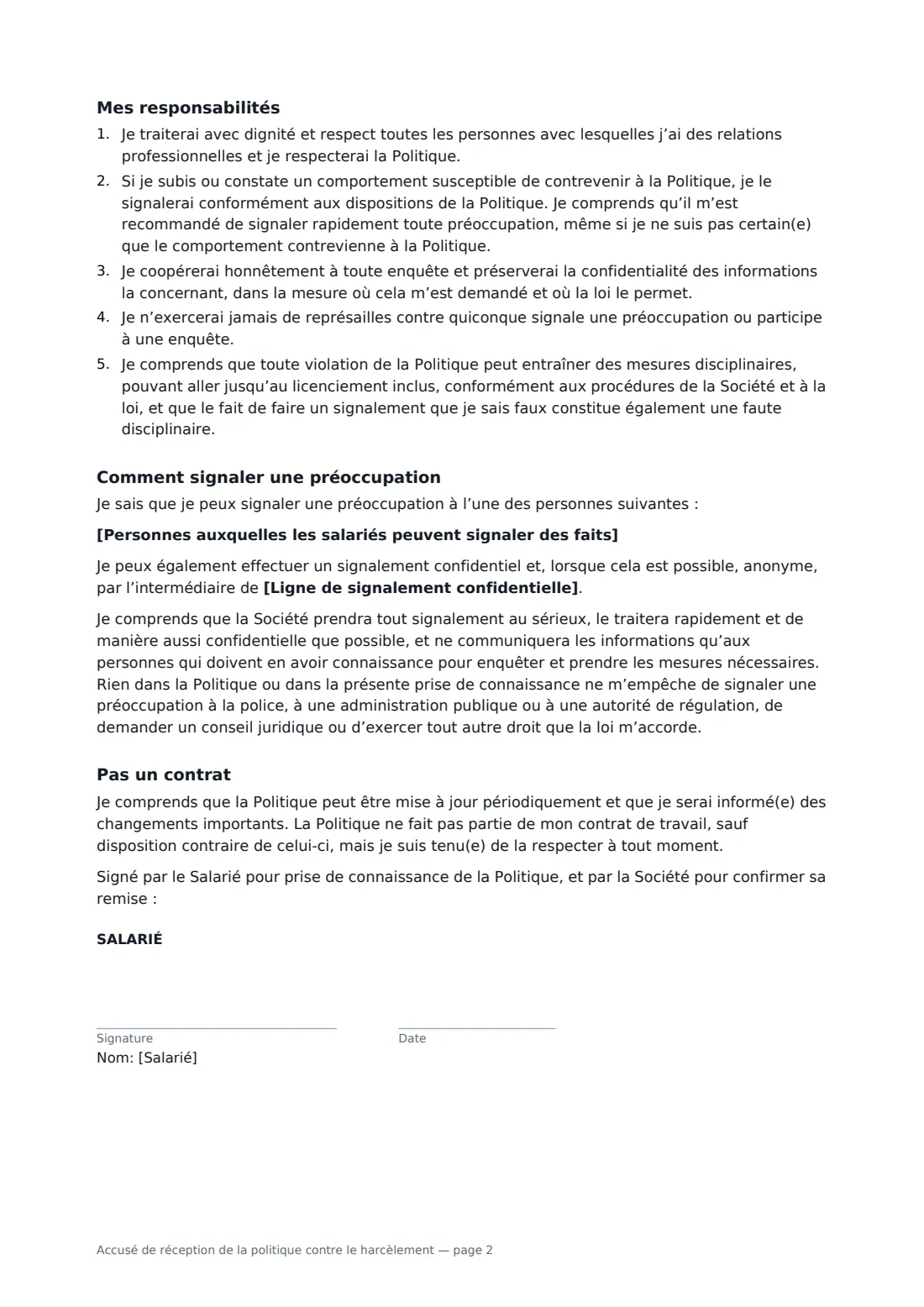 Accusé de réception de la politique contre le harcèlement — page 2 sur 3