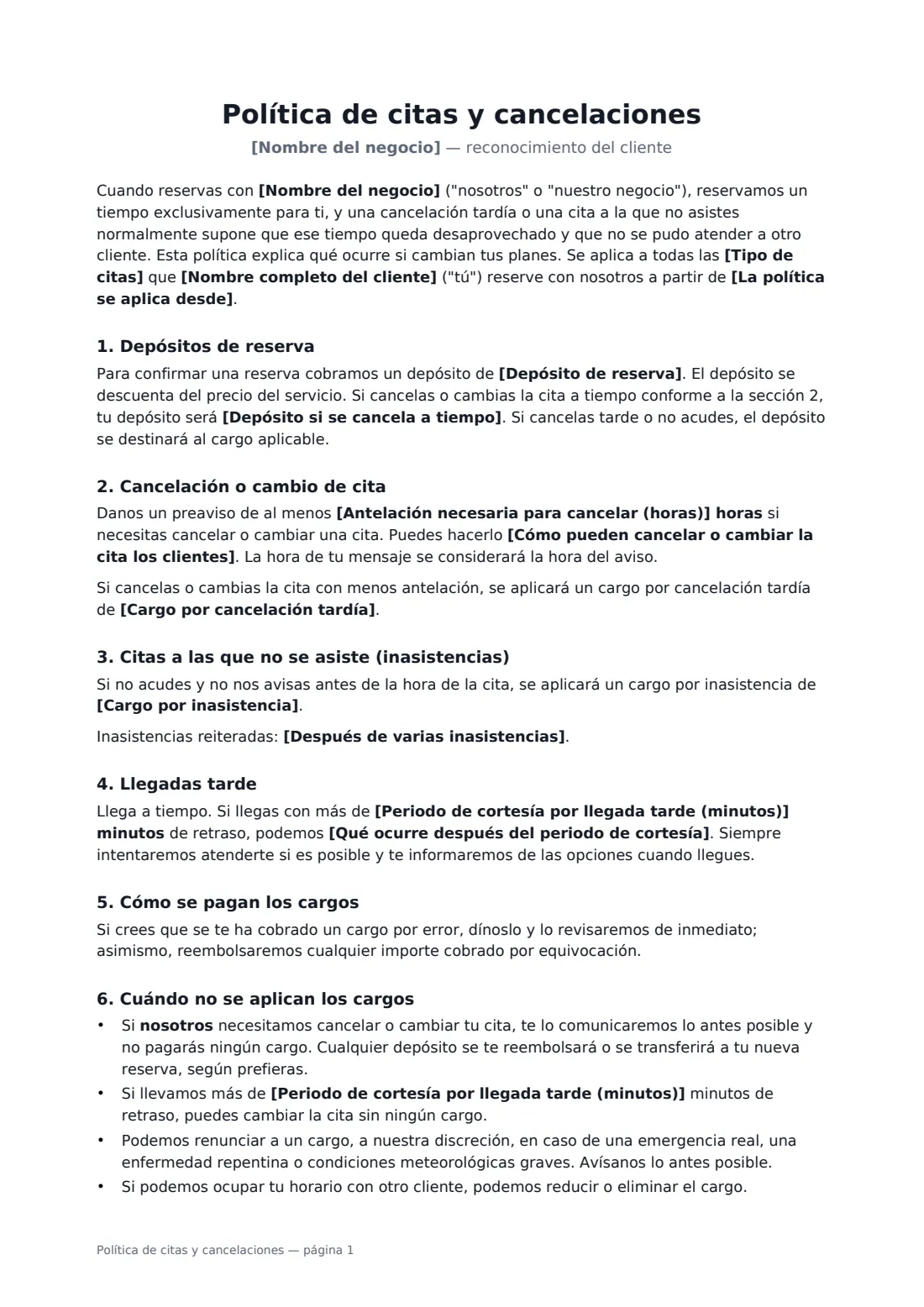 Política de citas y cancelaciones: página 1 de 2