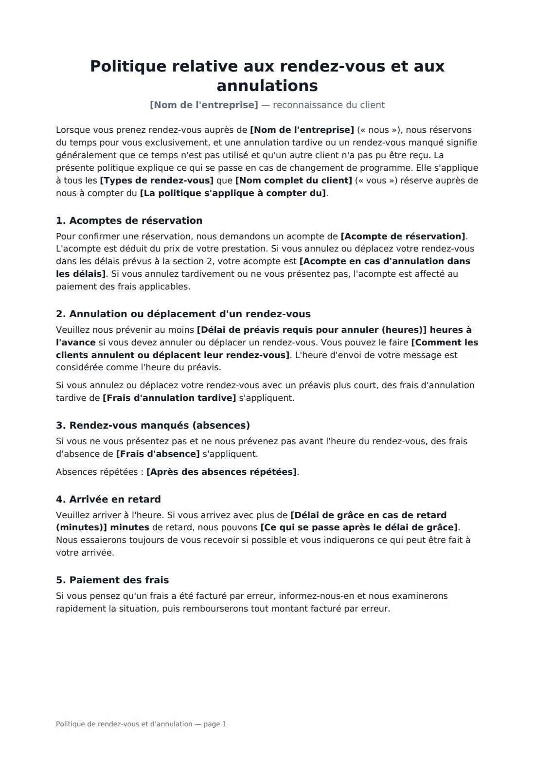 Politique de rendez-vous et d’annulation — page 1 sur 2