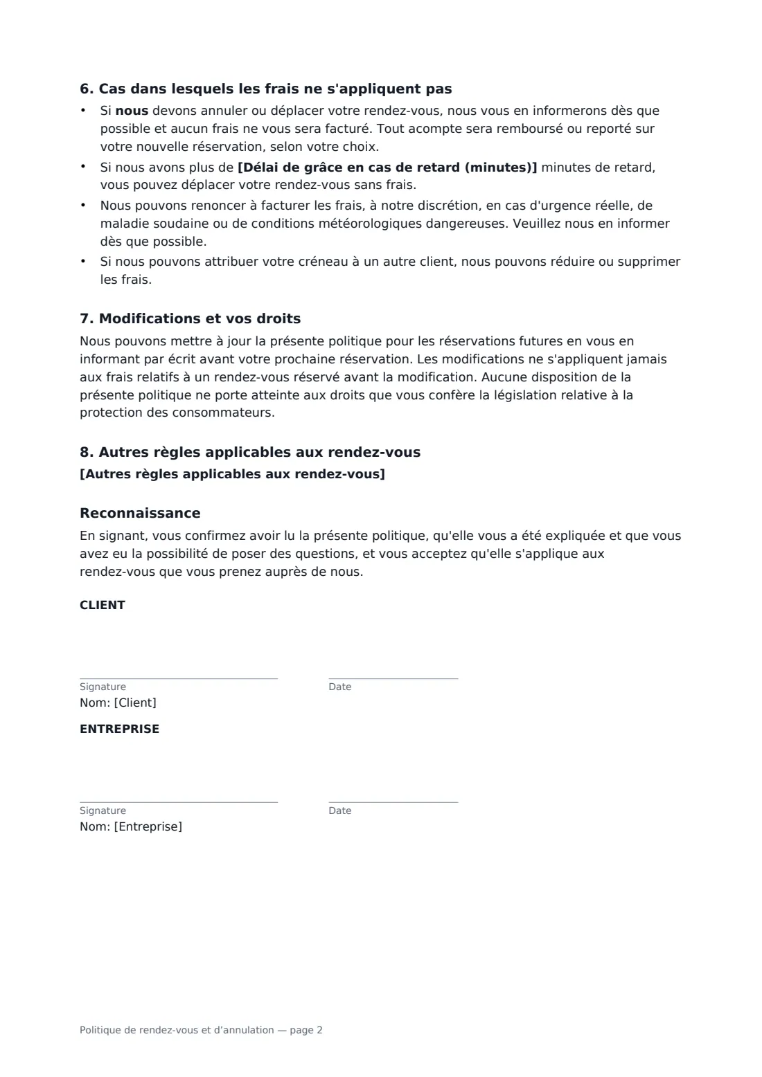 Politique de rendez-vous et d’annulation — page 2 sur 2