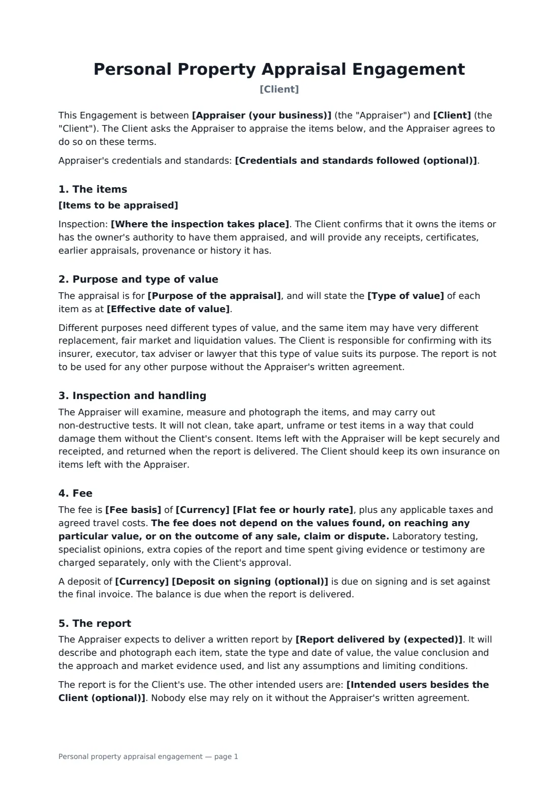 Personal property appraisal engagement — page 1 of 2