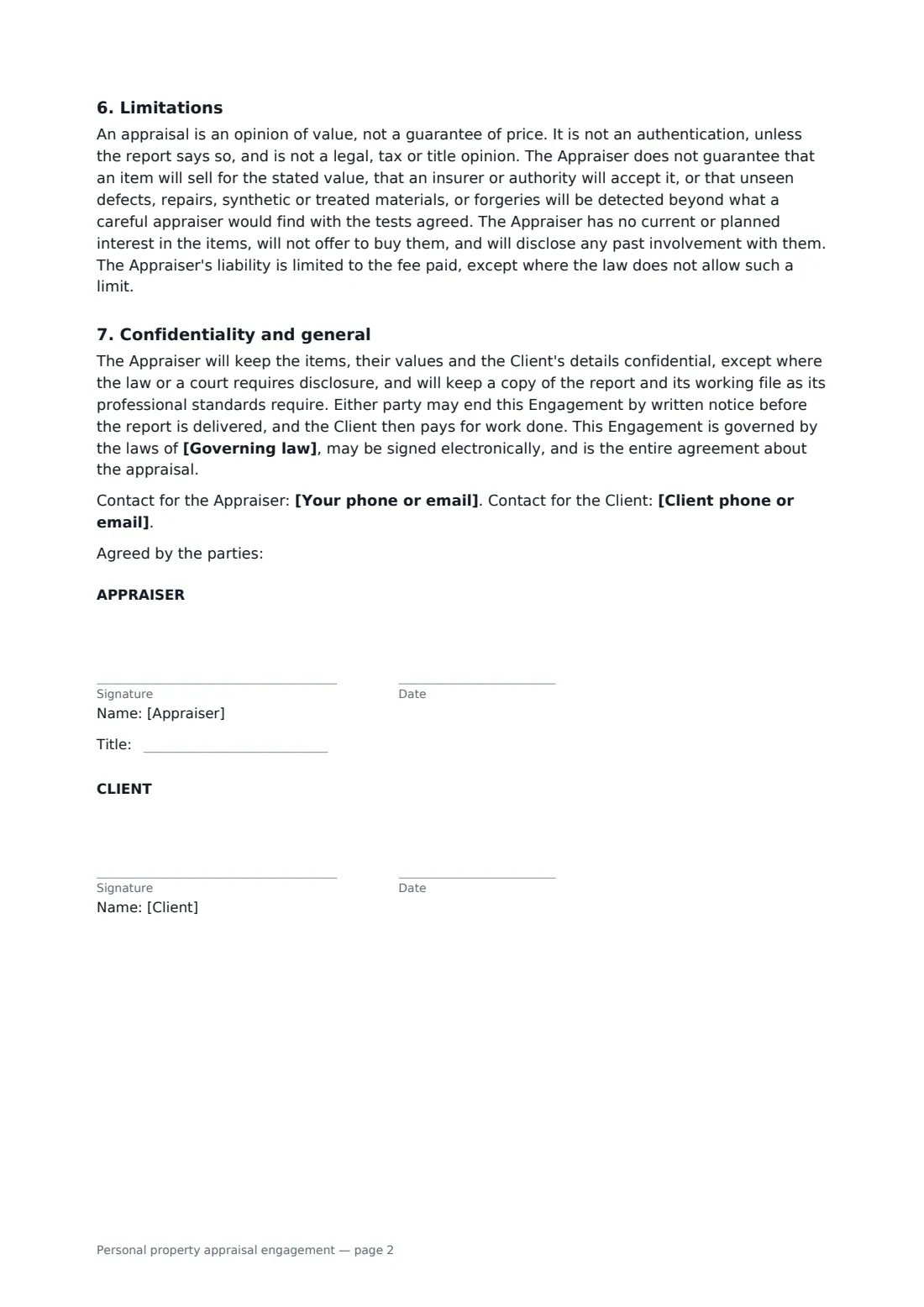 Personal property appraisal engagement — page 2 of 2
