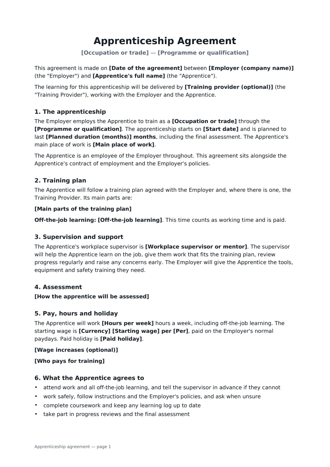 Apprenticeship agreement — page 1 of 2