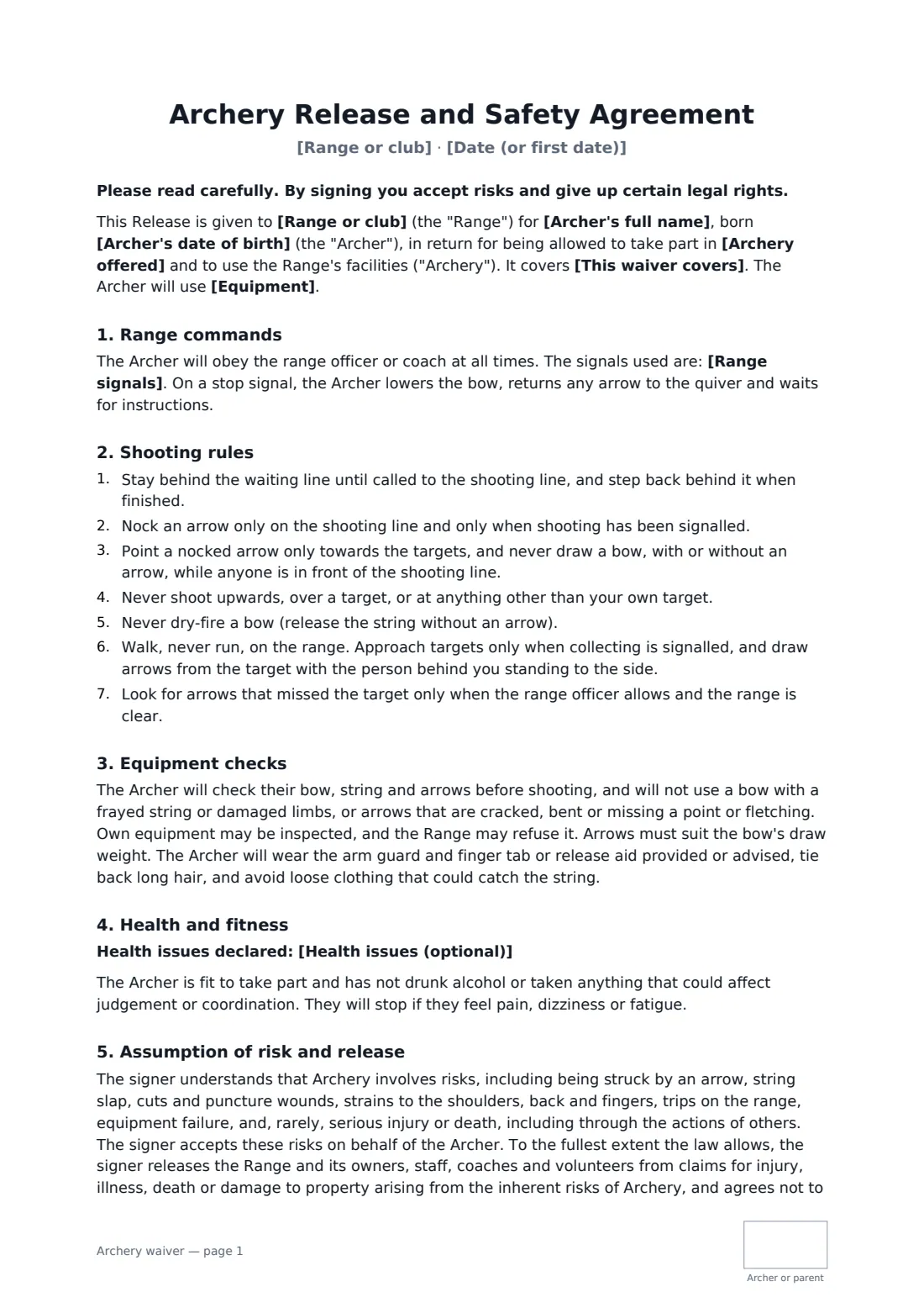 Archery waiver — page 1 of 2
