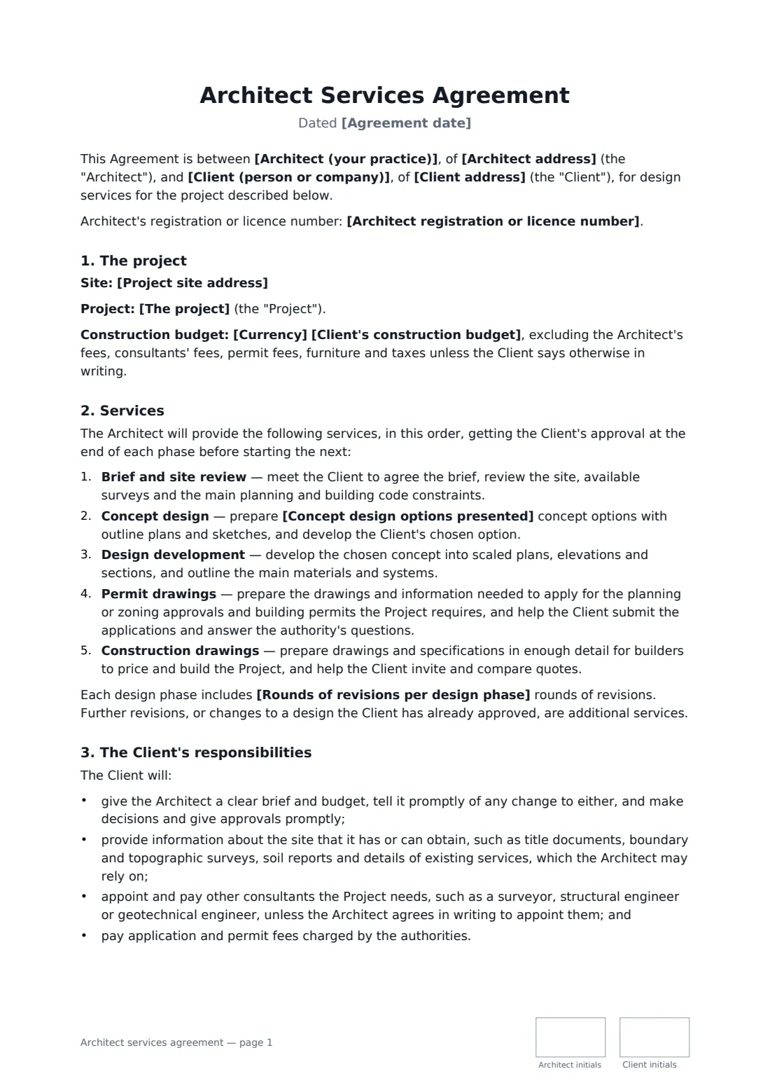 Architect services agreement — page 1 of 3