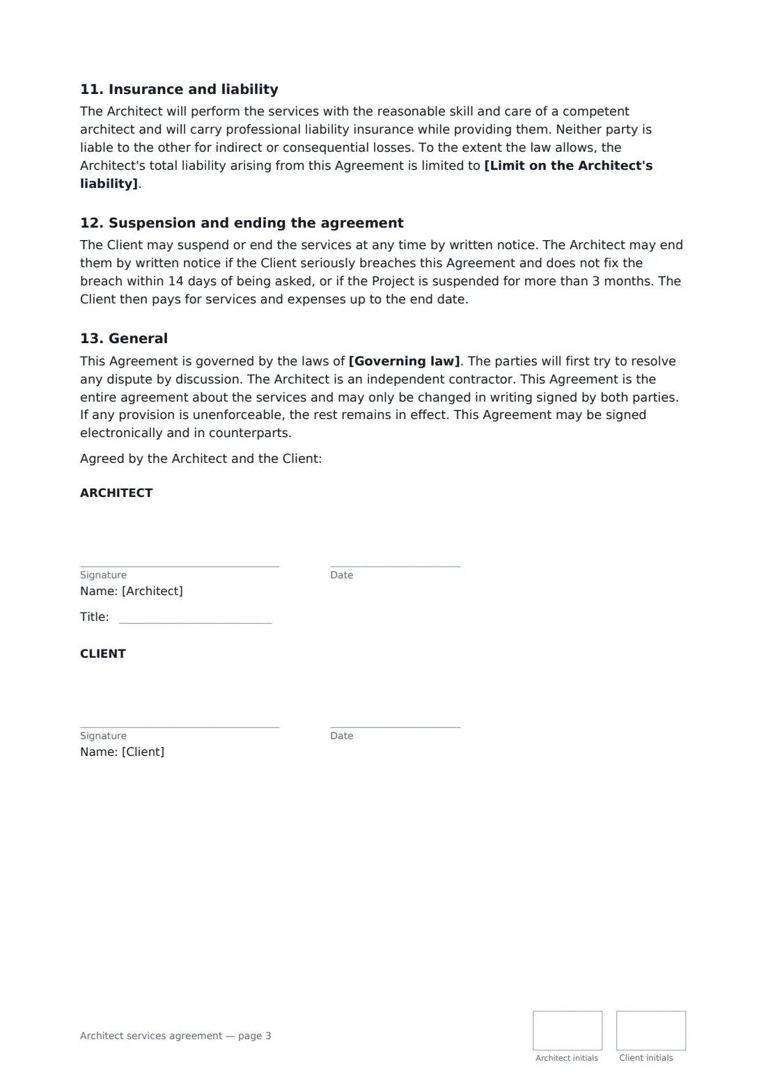 Architect services agreement — page 3 of 3